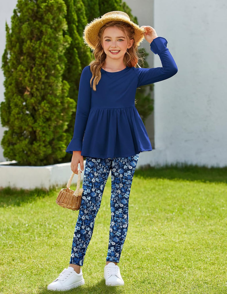 Girls 2 Piece Outfits Fall Peplum Top with Floral Print Pants