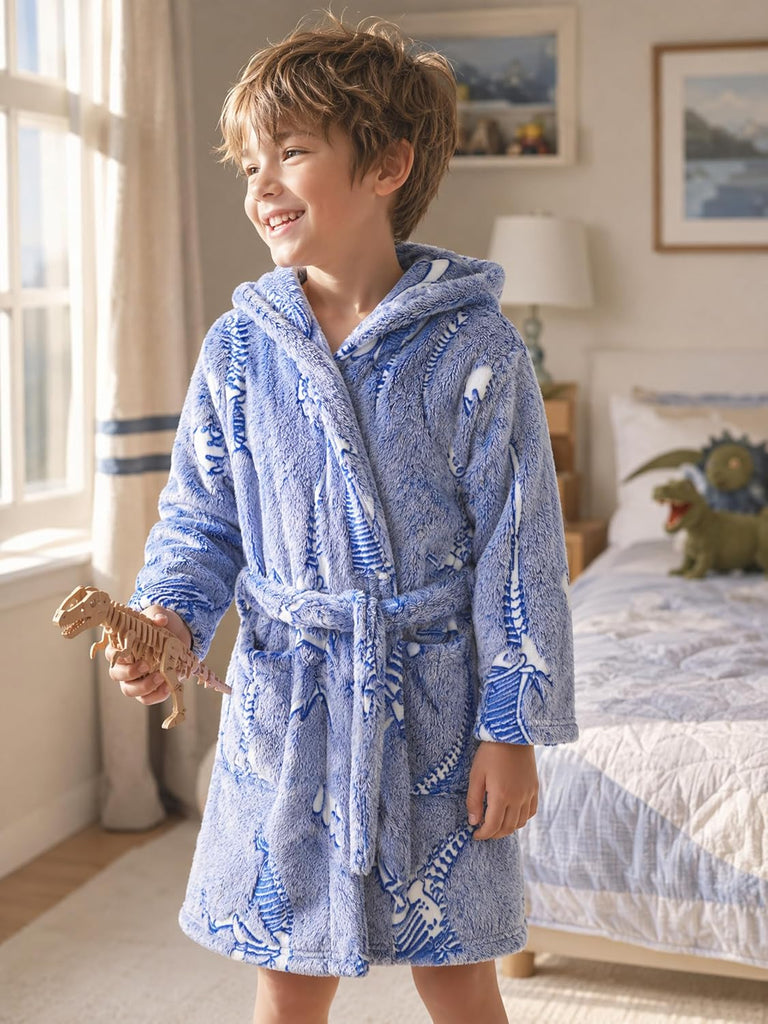 Boys Girls Robe Fleece Soft Hooded Bathrobes with Belt
