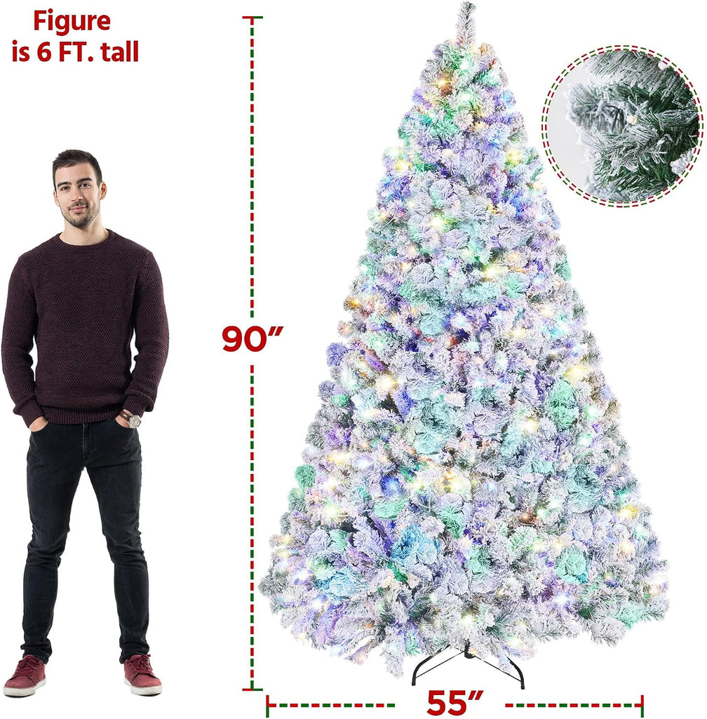7.5ft Pre-lit Spruce Artificial Christmas Tree Snow Flocked Hinges Tree with 550 Multicolor LED Lights & 1284 Branch