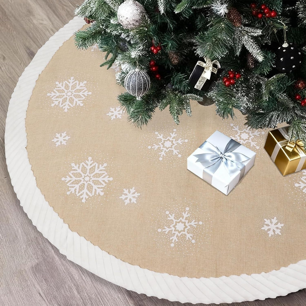 72 inch Christmas Tree Skirt, Burlap Tree Skirt for 7.5 ft Tree to 12 ft Tree, Large Snowflake Tree Skirt with Faux