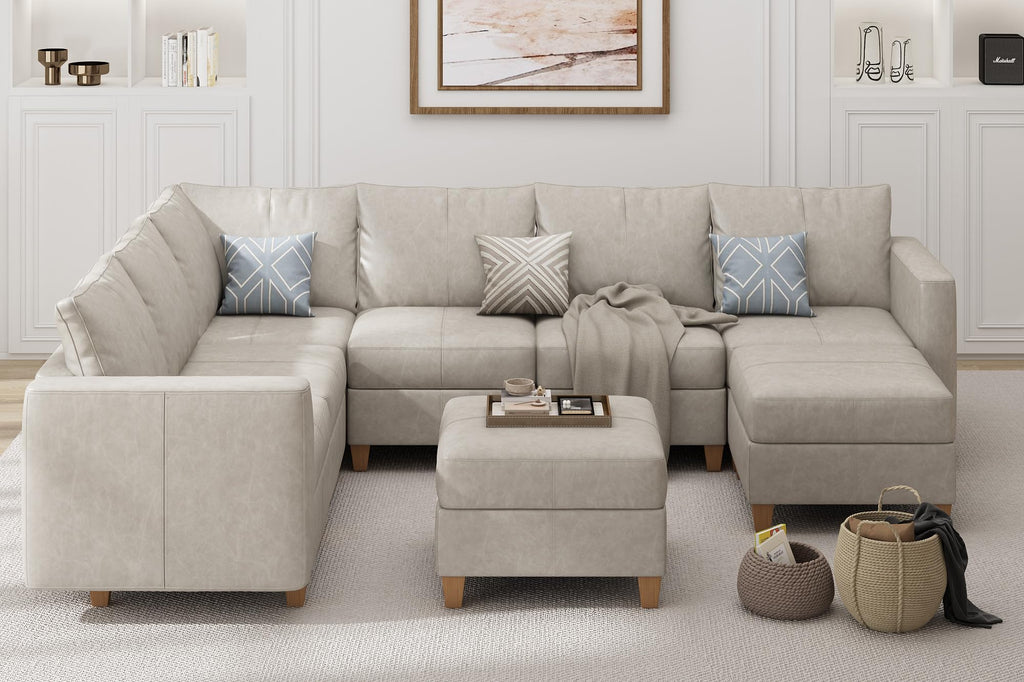 Leather Sectional Couch Sofa with Ottoman, U Shaped Faux Leather