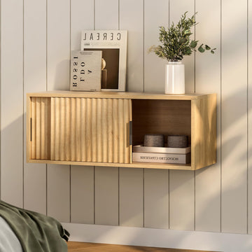Fluted Floating TV Stand, 30" Multi-Purpose Modern TV Display Shelf Console Entertainment Center Cabinet with Sliding