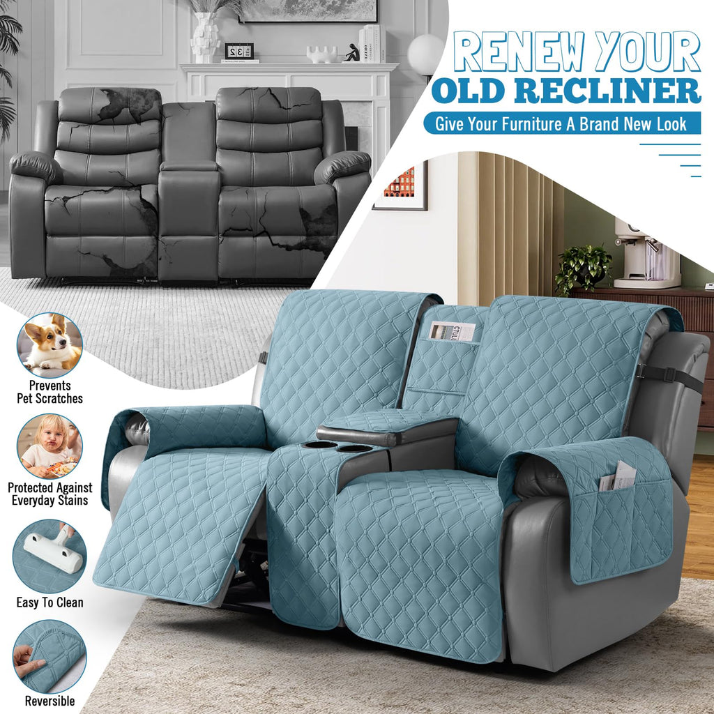 100% Waterproof Loveseat Recliner Covers with Console, Sky Blue