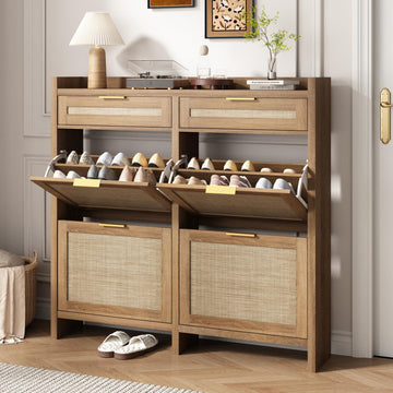 Large Rattan Shoe Storage Cabinet with 4 Flip Drawers & 2 Storages