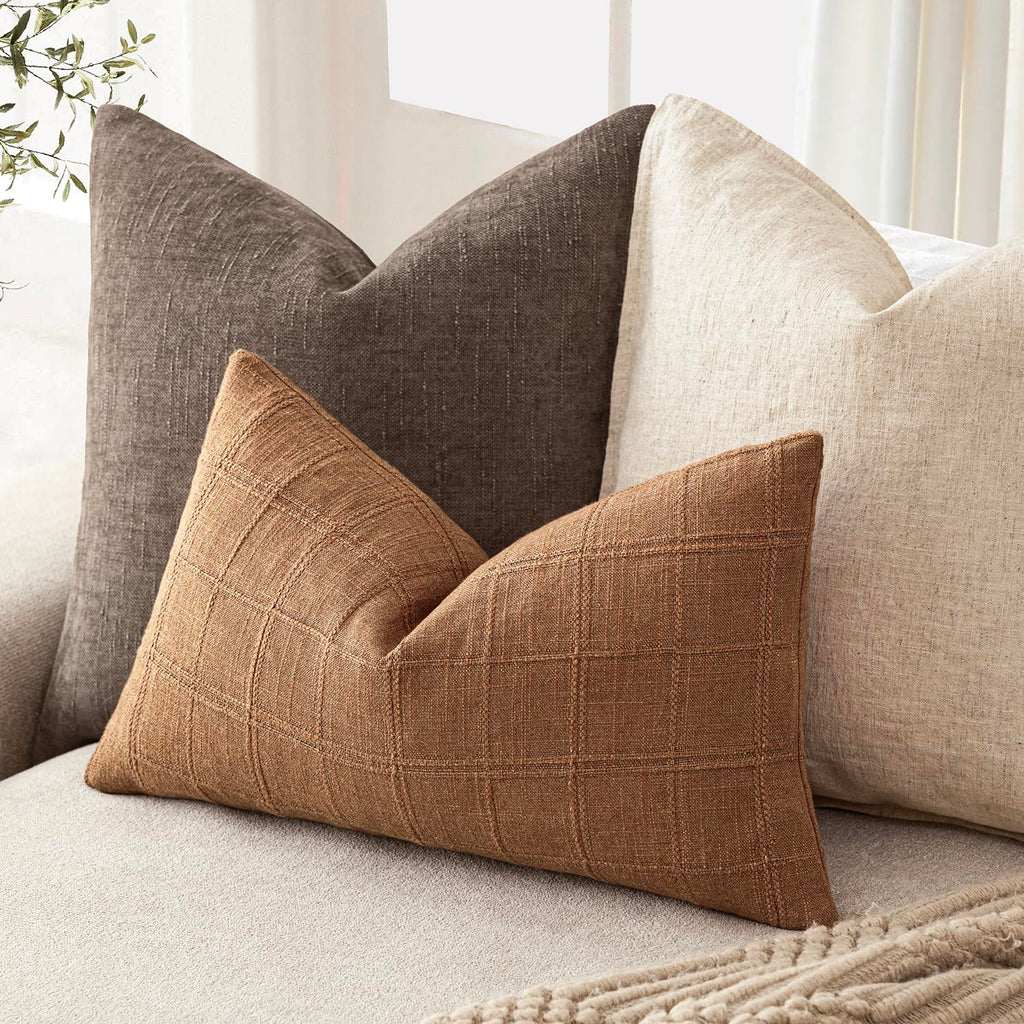 Textured Linen Check Lumbar Throw Pillow Covers 12×24 Inch, Brick