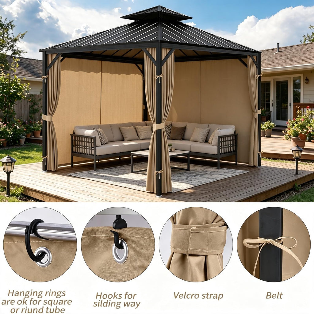 10 x 12 Ft Gazebo Curtains, 4 Panels with Zippers, Khaki
