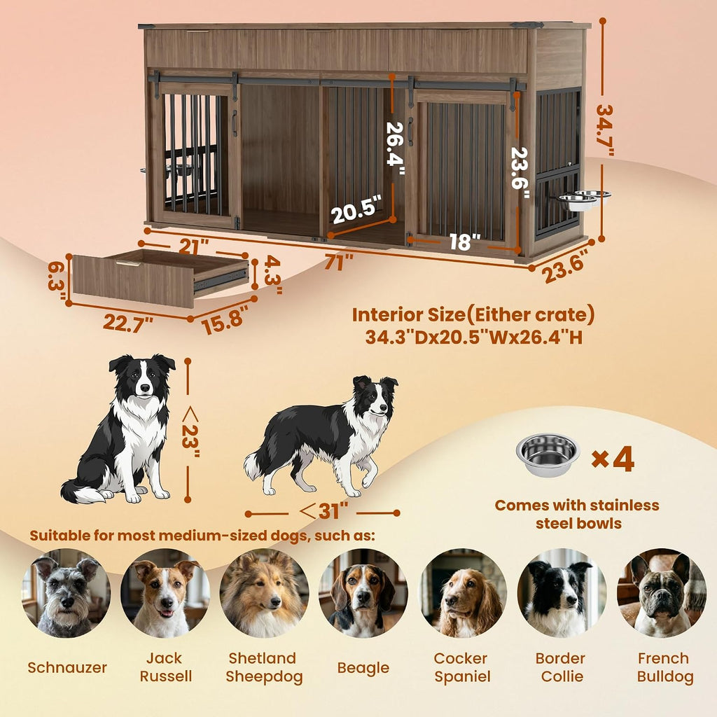 71" Dog Crate Furniture for 2 Dogs, Heavy Duty Large Dog Kennel with 3 Fluted Drawers, Waterproof Tabletop, Type-C