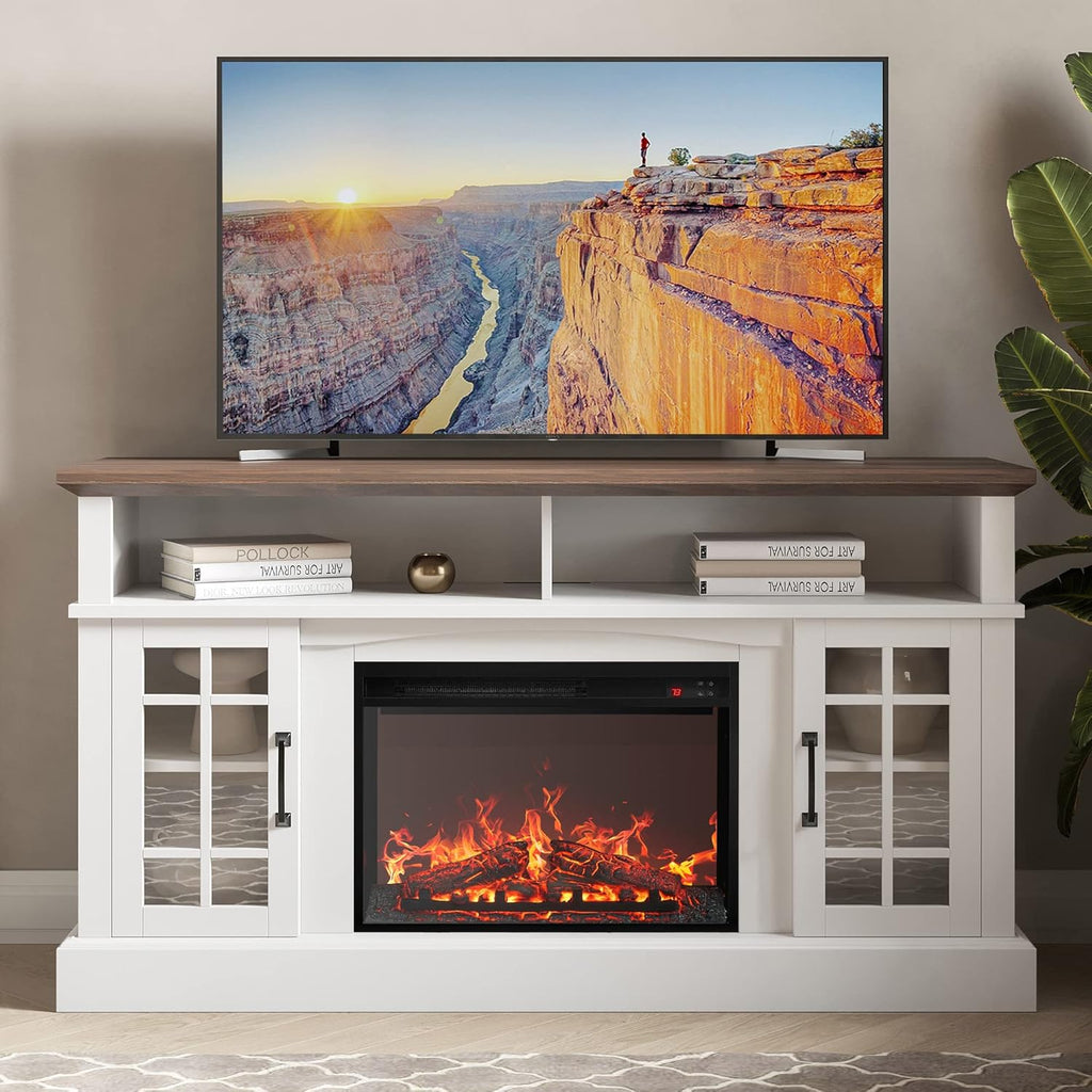 Traditional 58" Rustic TV Stand with 23" Electric Fireplace Heater with Sound, Media Entertainment Center Console Table for TV up to 65" with Open Storage Shelves and Cabinets - White A132-B0BDLHKMNS