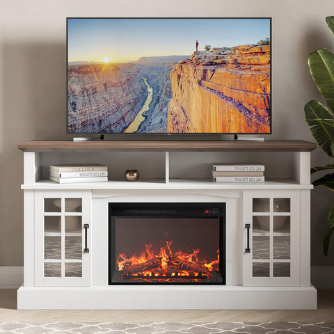Traditional 58" Rustic TV Stand with 23" Electric Fireplace Heater with Sound, Media Entertainment Center Console Table for TV up to 65" with Open Storage Shelves and Cabinets - White A132-B0BDLHKMNS