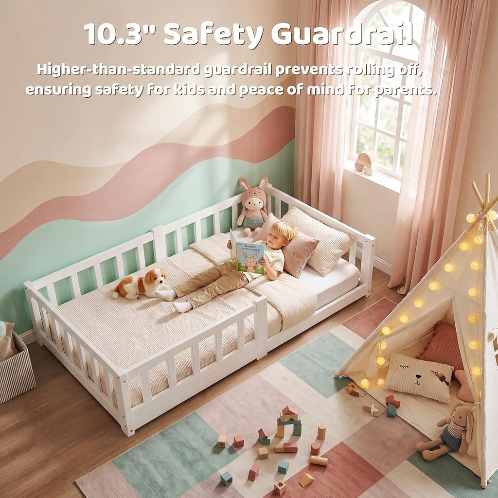 Toddler Bed, Toddler Floor Bed with Safety Guardrails, Wood Montessori House Bed with Roof, Low Toddler Bed Frame
