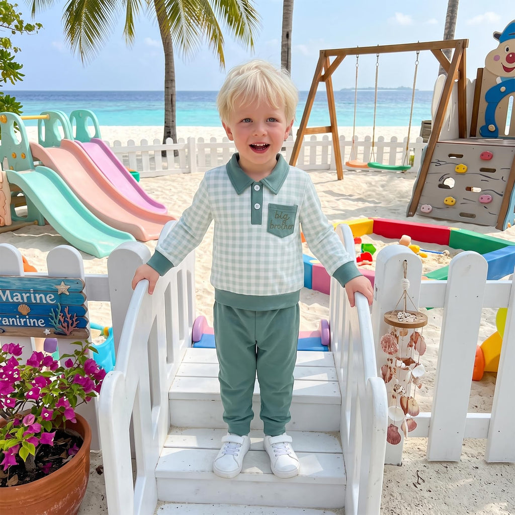 Big Brother Outfit Baby Boy Fall Clothes 2Pcs Toddler Top and Pants Sets (Lapel Neck Green, )