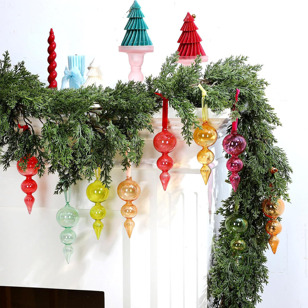 9 Pcs Hand Blown Glass Finial Christmas Ornaments, Iridescent