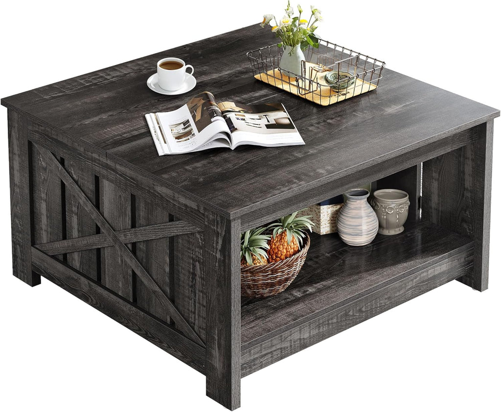 Square Coffee Tables Farmhouse Coffee Table with Storage, 2-Tier Wood Center Table with Half Open Storage Compartment