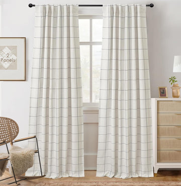 100% Blackout Windowpane Plaid Linen Curtains Double Layer Farmhouse Drapes 96 Inches Long for Living Room Bedroom