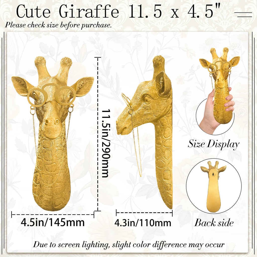 Golden Giraffe Animal Head Wall Decor with Glasses, 11.5X4.5" whimsical Resin Animal Wall Sculpture, Gold Wildlife