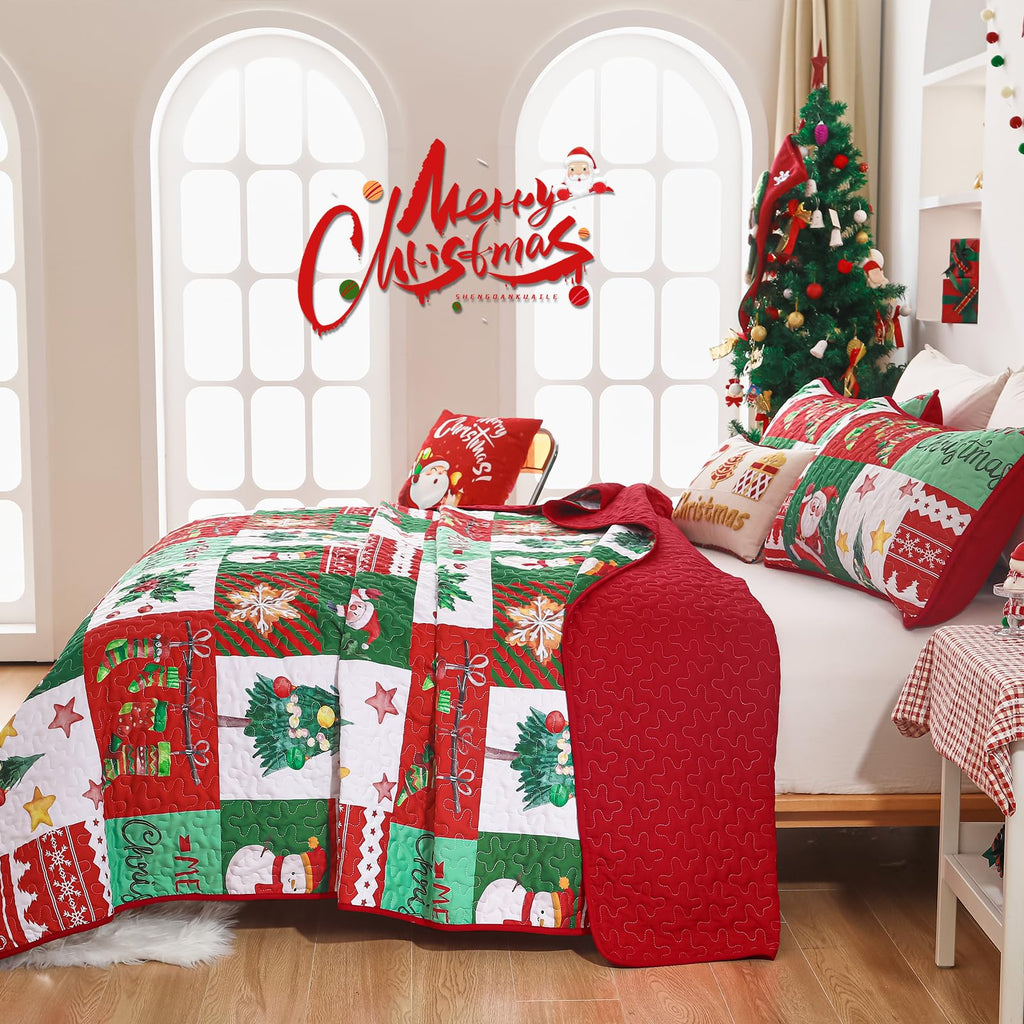 Christmas Quilt Set King Size, 3 Pieces Microfiber Bedspread
