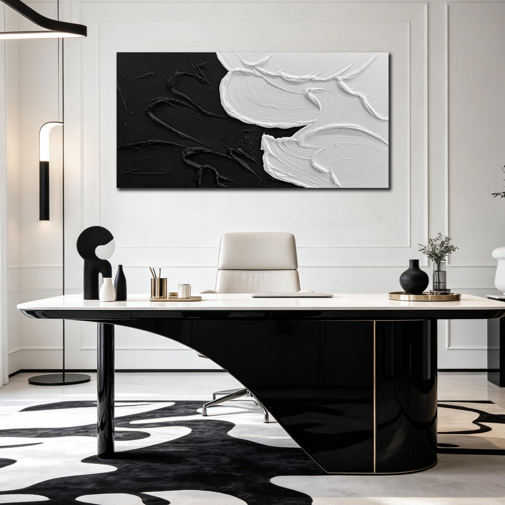 Black and White 3D Textured Abstract Oil Painting 48x24 Inch
