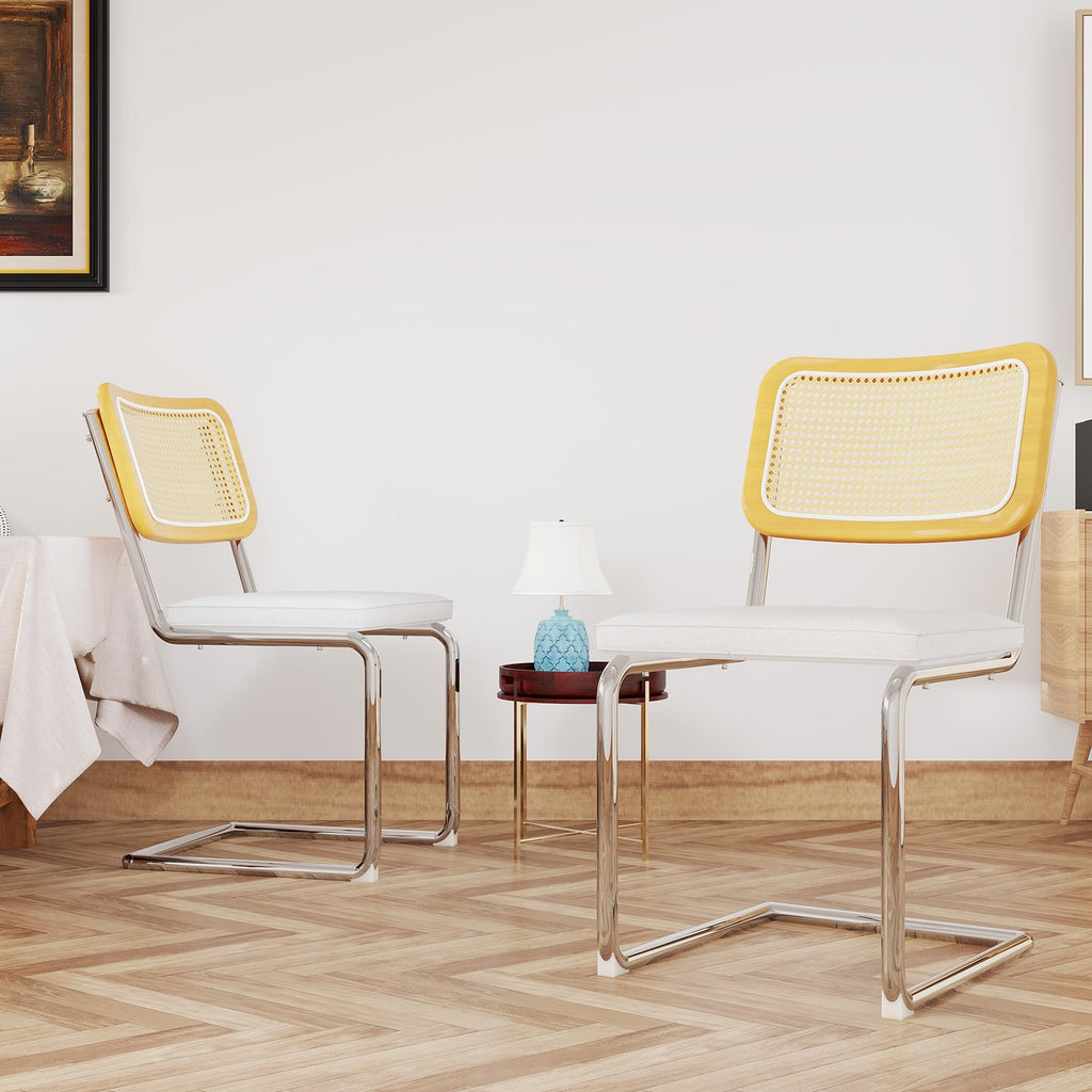 Rattan Dining Chair Set of 2, Mid-Century Modern Chairs with Metal Chrome Legs, Armless Cane Back Chairs with
