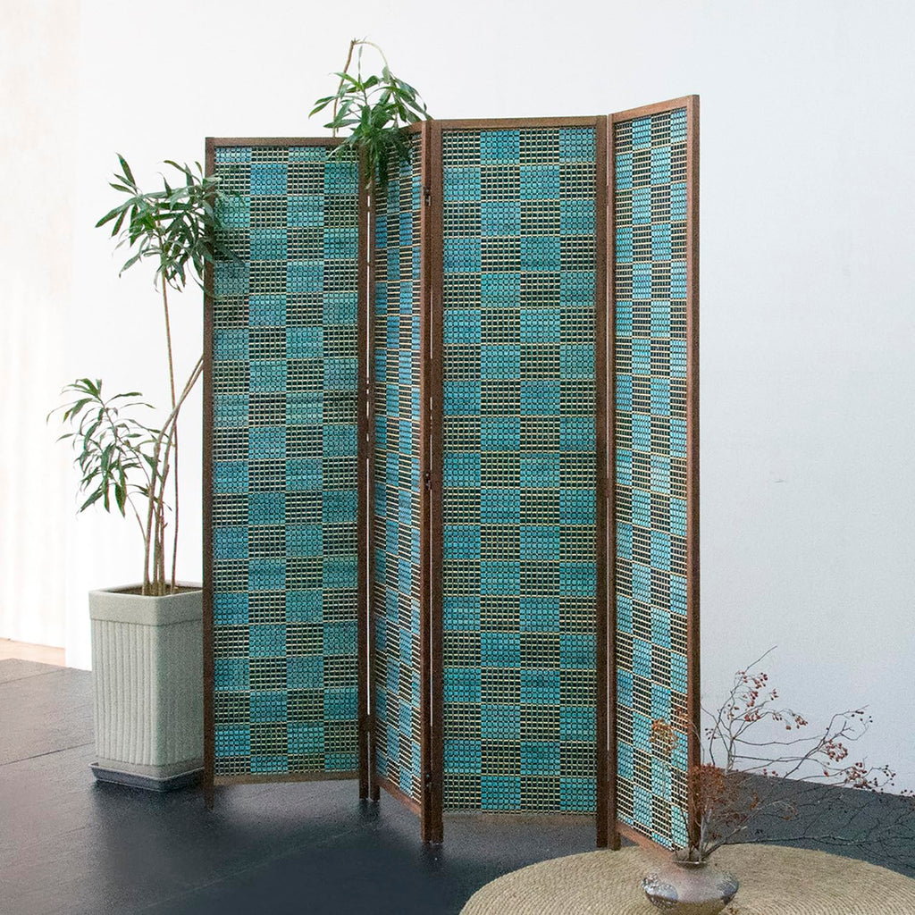 4 Panel Room Divider Screen and Folding Panel Screen, Double Sided Bamboo Divider for Room Separation, Blue Square, 67"