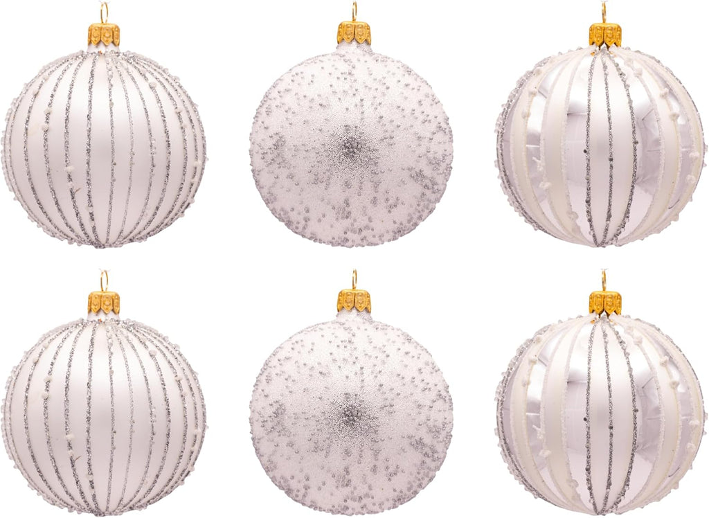 Luxury Handcrafted European Glass Christmas Ball Ornaments - Set of 6 - Silver & White - Frosted Luxe - 8 cm