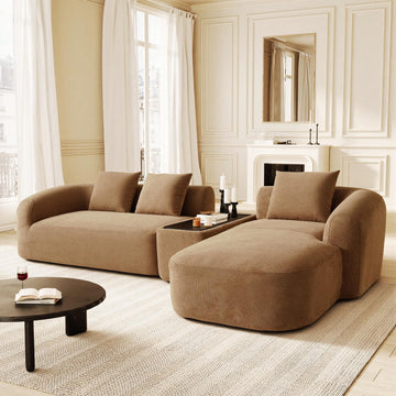 Curved Sectional, 136" L Shaped Chenille Couch with Movable Coffee Table, High-Resilience Foam, Boneless