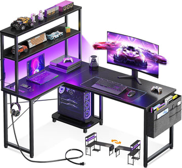 L Shaped Desk Gaming Desk with LED Light & Power Outlet | 43 Inch Black Reversible L Shaped Computer Table with