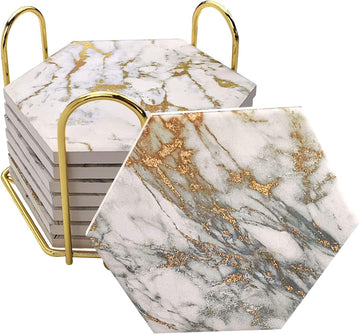 Coasters with Metal Holder Stand, Marble Design Ceramic Coaster Set, Cork Base, Gold Home Decor for Tabletop - Set of 8