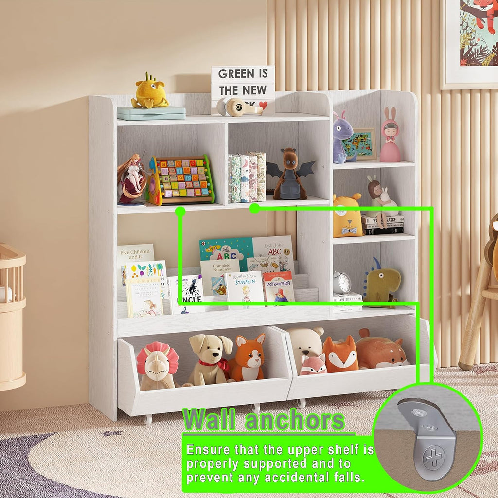 Kids Bookshelf and Toy Storage Organizer with 2 Rolling Bins, 5-Tier Open Wooden Bookcase for Children's Bedroom