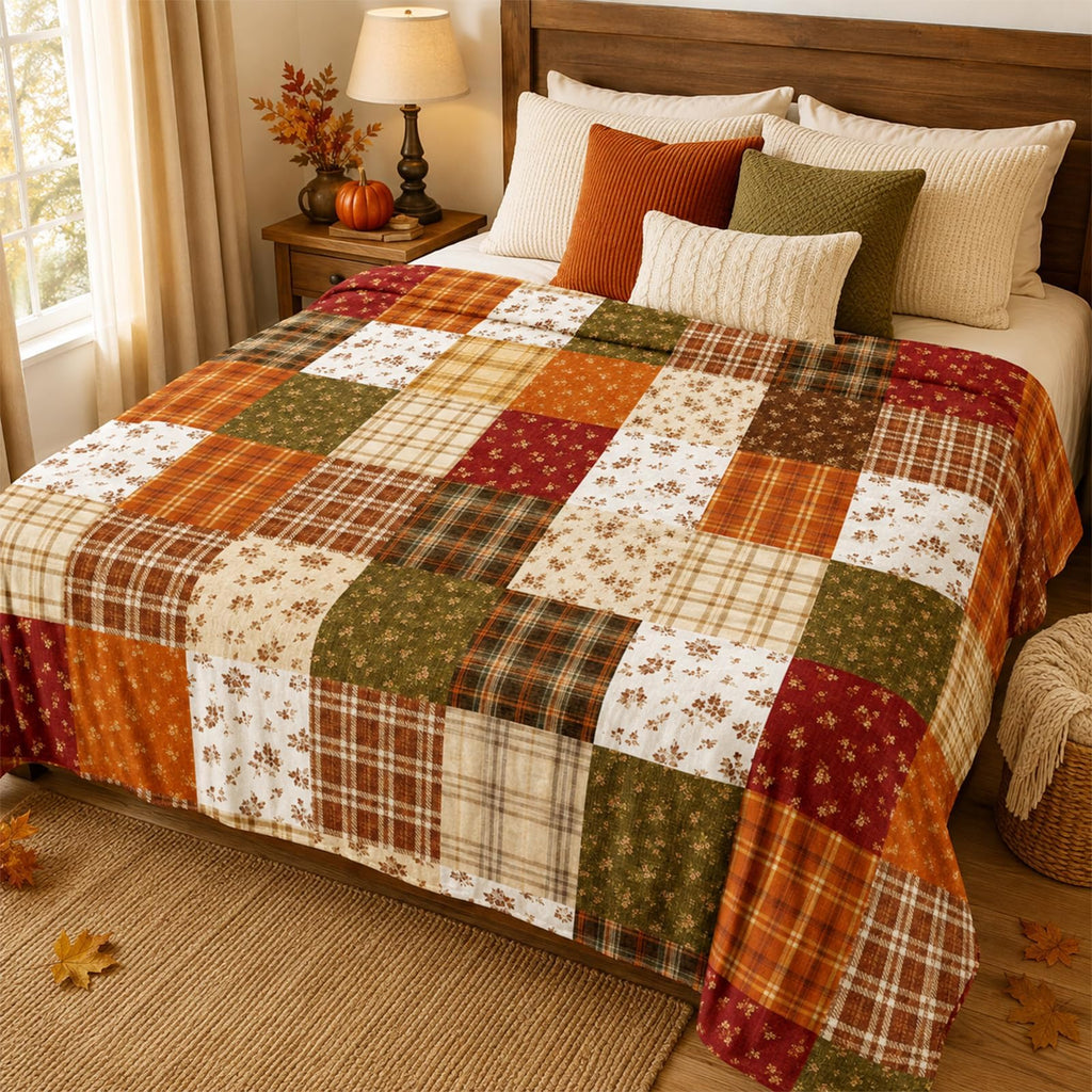 Fall Fuzzy Flannel Blanket, Patchwork Style, 60 x 50 Inch