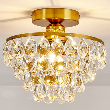 Modern E26 Small Crystal Chandelier Semi Flush Mount Ceiling Light Fixture Gold Ceiling Lamp Bedroom Bathroom Closet