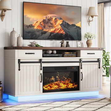 58" Farmhouse Electric for TVs up to 65", Entertainment Center with 2 Large Storage Drawers, Sliding Barn Doors