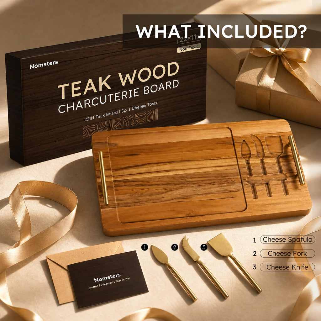 Teak 22 Inch Large Charcuterie Boards for Party with Cheese Knife Set of 3 with Handles Extra Long Wooden Serving