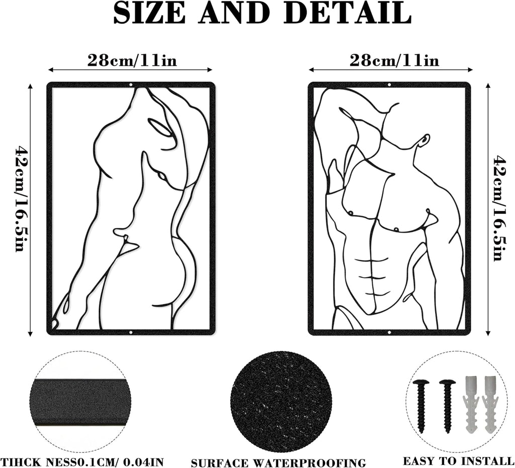 Metal Wall Art Abstract Single Line Art Hanging Decor - Minimalist Line Art Metal Wall Sculpture, Modern Male Body - Set of 2