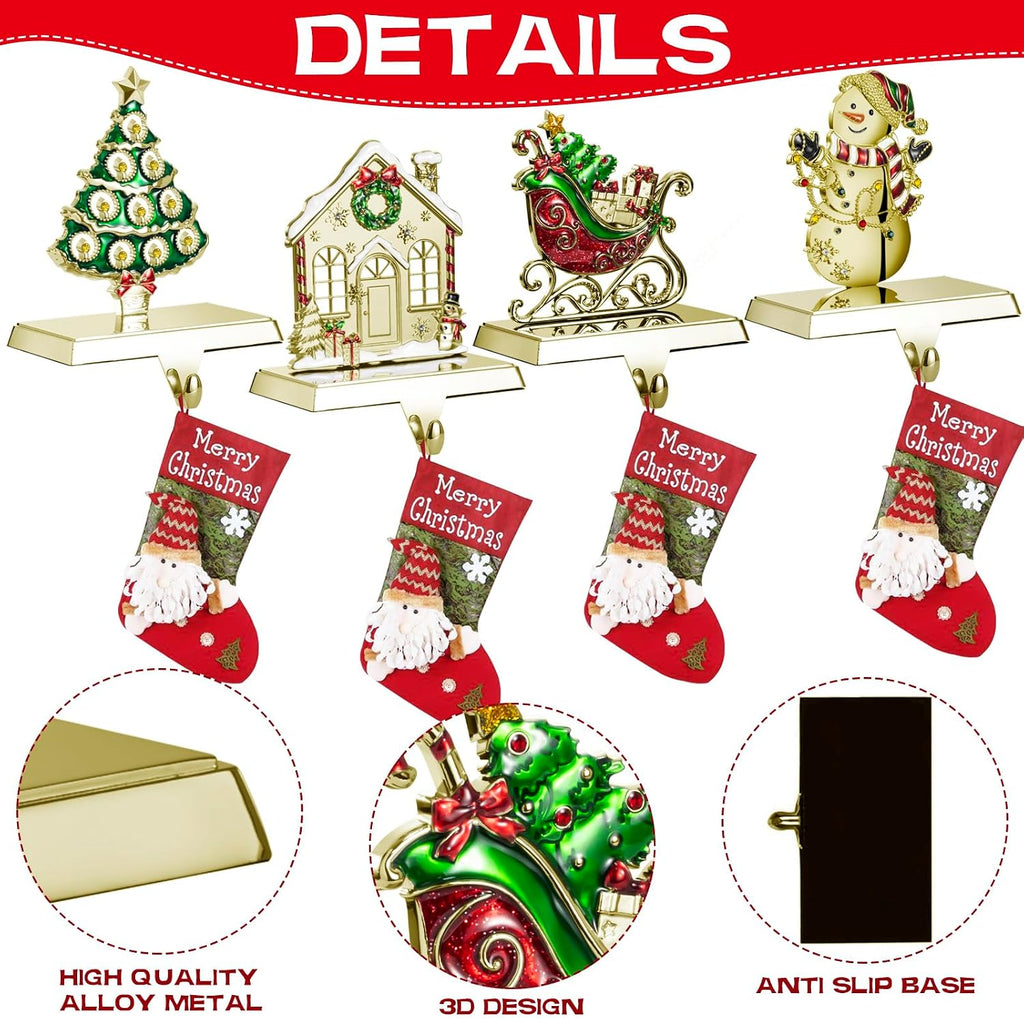 4 Pack Christmas Stocking Holder Set for Mantle Christmas Decorations Mantle Fireplace Topper-House, Sleigh,Snowman