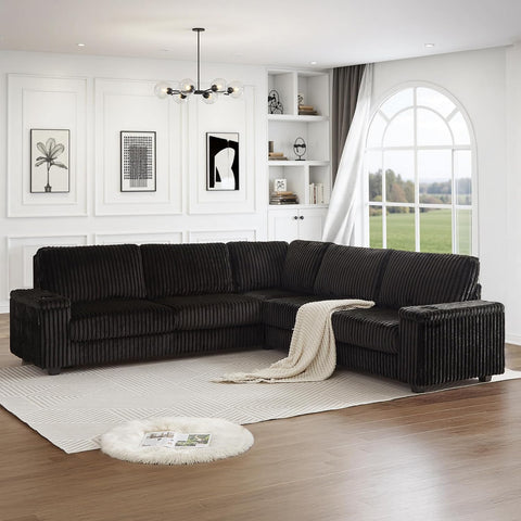 Black Sectional Couches for Living Room, Oversized Corduroy Couch, Sectional Corner Sofa with Cup Holders & USB
