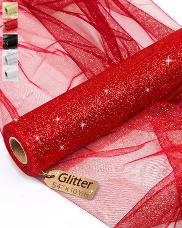 Glitter Tulle Fabric Roll 54 Inch x 10 Yards, Red Sparkling Mesh Netting