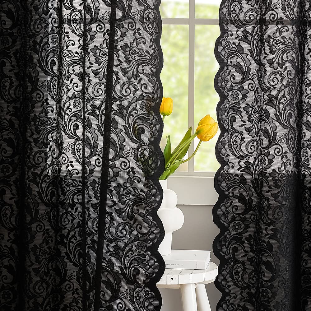Black Lace Curtains 72 inch Length 2 Panels Set -Vintage Paisley Black Sheer Curtain Panels Gothic Curtains French