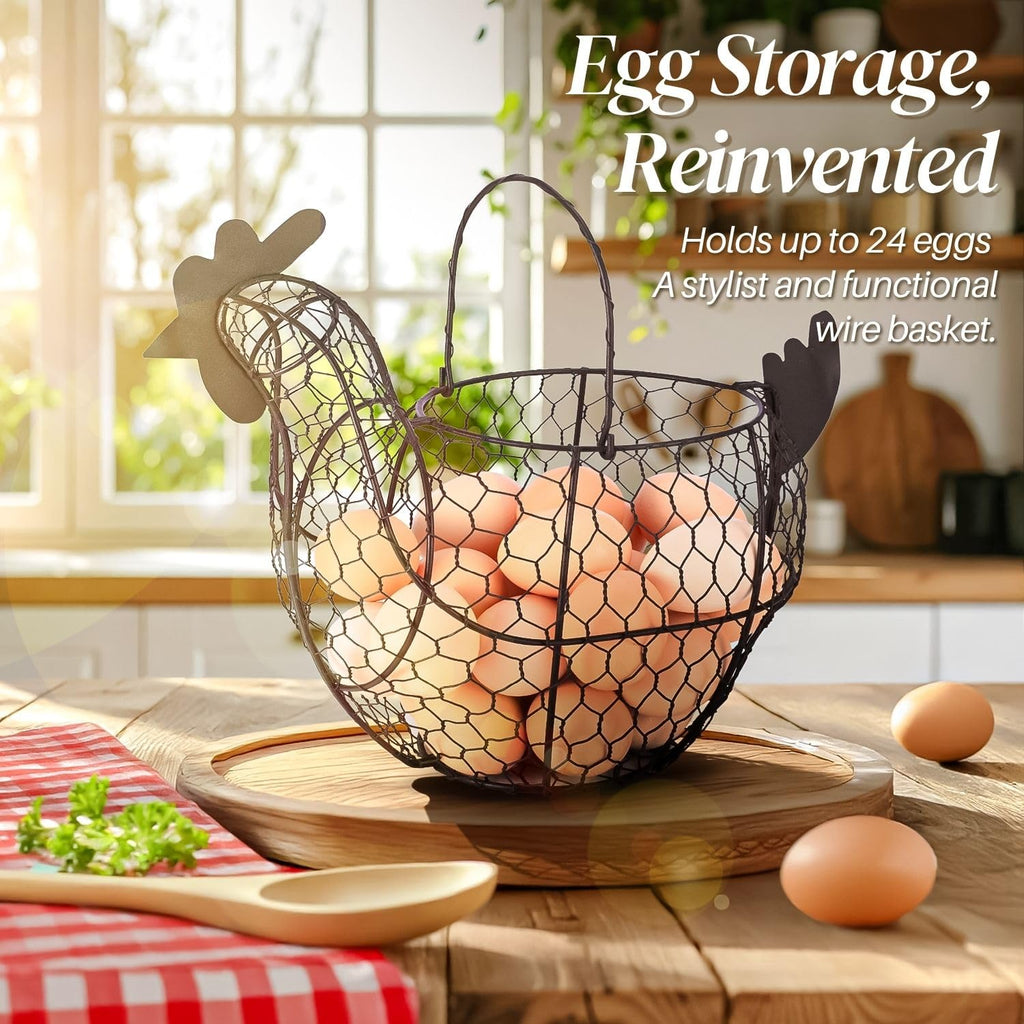 Egg Basket for Gathering Fresh Eggs, Black Wire Chicken Egg Collecting Basket Countertop, 24-Egg Metal Holder with