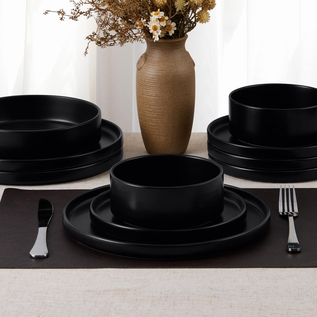 Black Dinnerware Sets for 8, 24-Piece Stoneware Plates and Bowls Sets