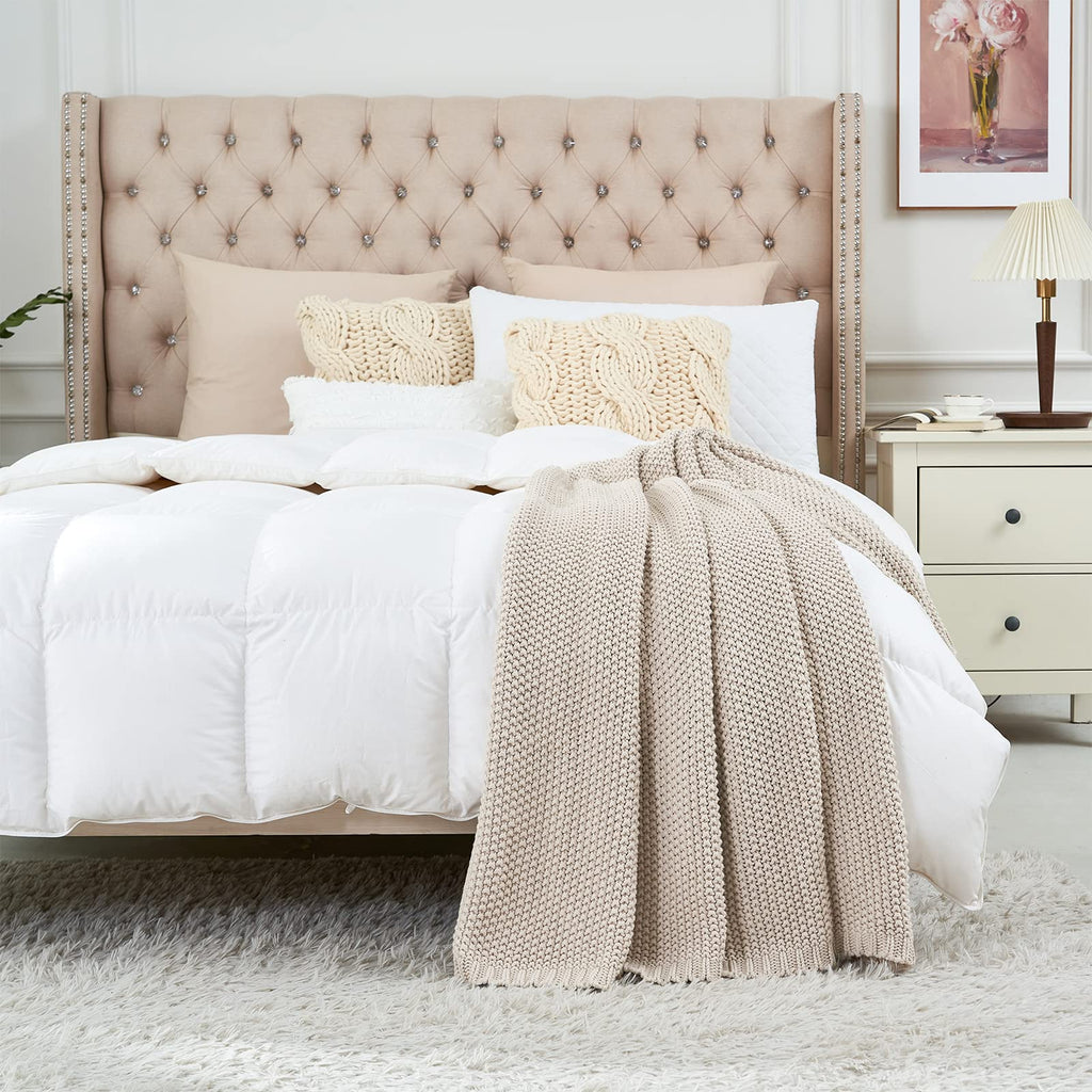 Chunky Cable Knit Throw Blanket Lightweight Beige 100% Organic Cotton Blanket for Sofa Couch Bed Baby Nursery, Rustic