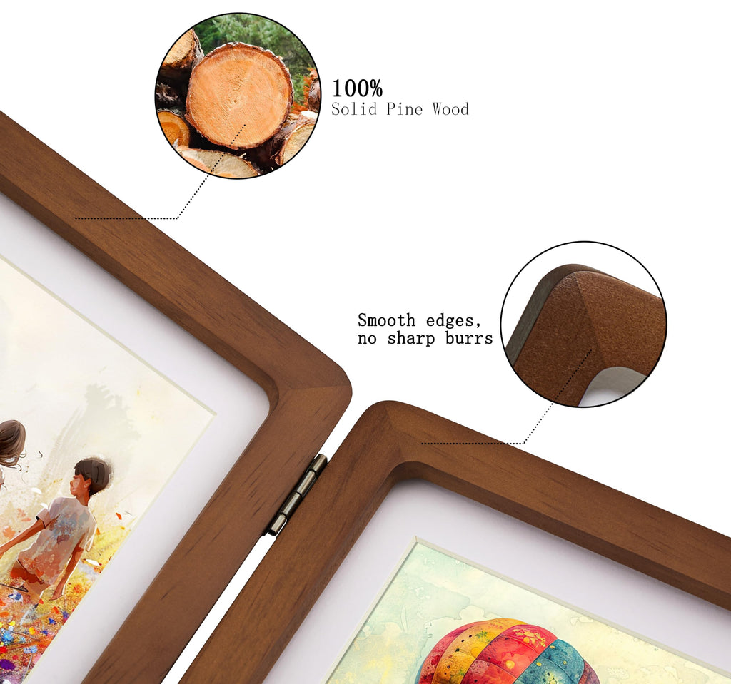 Hinged Double Picture Frame 5x7, Vertical Folding Pine Wood Frame with Real Glass, Matted to 4x6, Free-Standing
