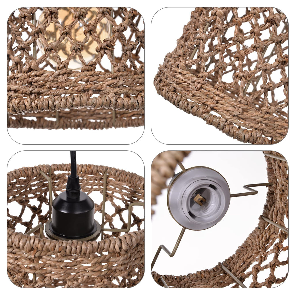 Boho Hand Woven Rattan Pendant Light Fixture, Mini Farmhouse Natural Chandelier Lighting, Retro Wicker Hanging Lamp