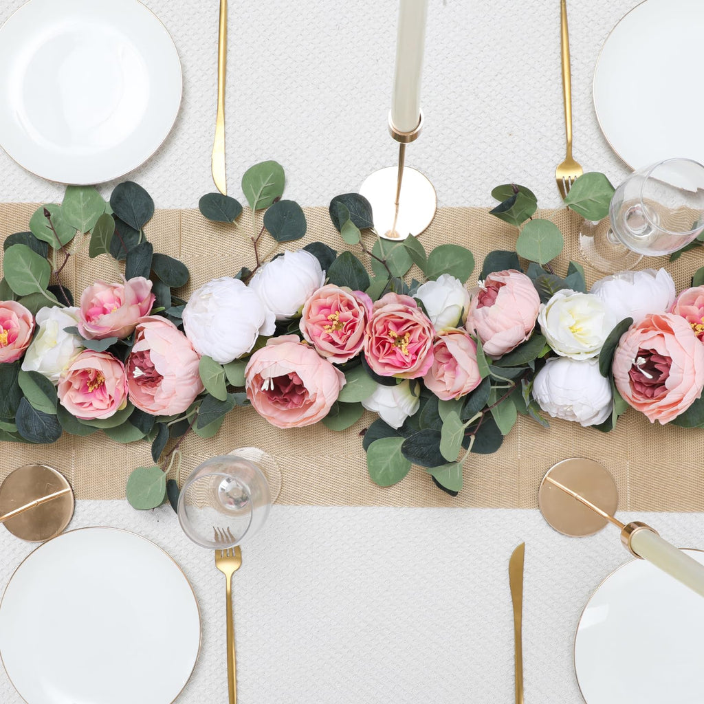2 Pack Artificial Flower Garlands 11.2FT Eucalyptus Garlands with Flowers 8 Head Peony Flower Vine Faux Floral