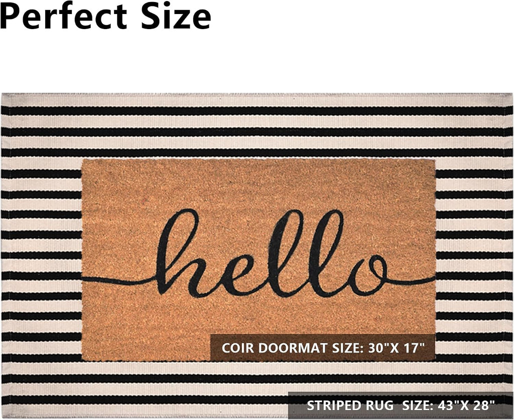 Front Door Mat Combo Set, Hello 100% Coco Coir Welcome Doormat + 28" x 43" Layered Buffalo Black and White Striped