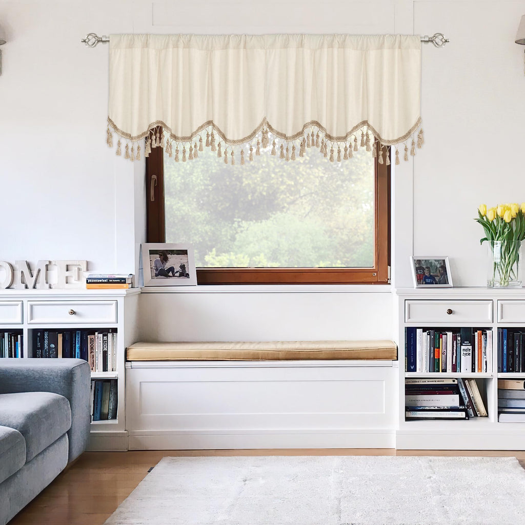 Luxury Velvet Valance with Tassel - Small Window (1 Panel, W52 x L18 Inch, Beige)