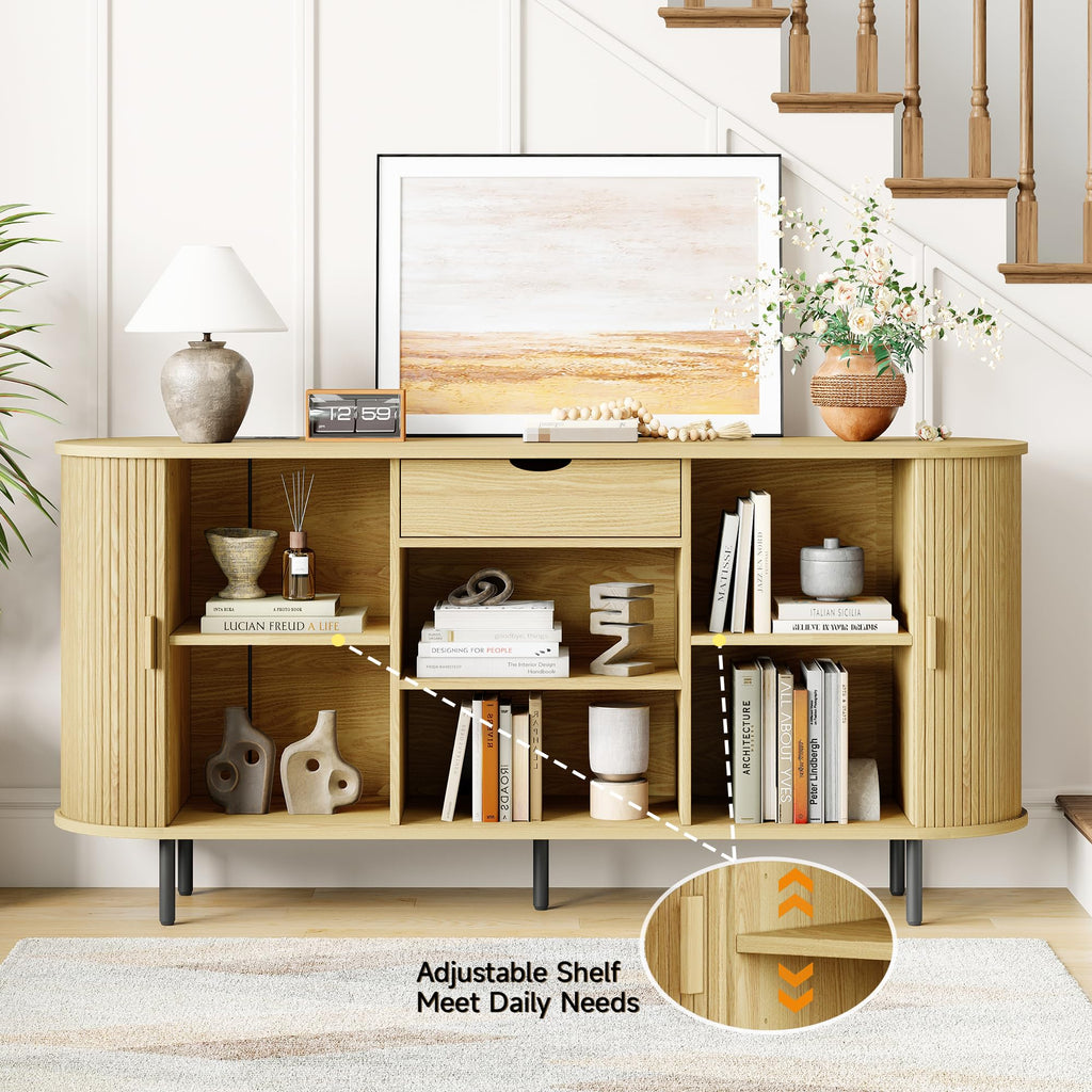 63" Sideboard Buffet Cabinet with Storage Drawer & Shelves, Oak