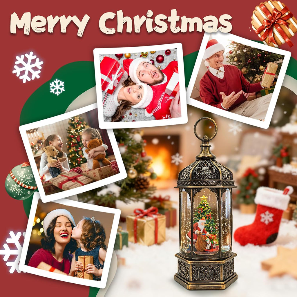 Christmas Snow Globe Lantern, Santa Claus Gift Piles Light Up Musical Snow Globes with 6H Timer, 3 AA Battery & USB