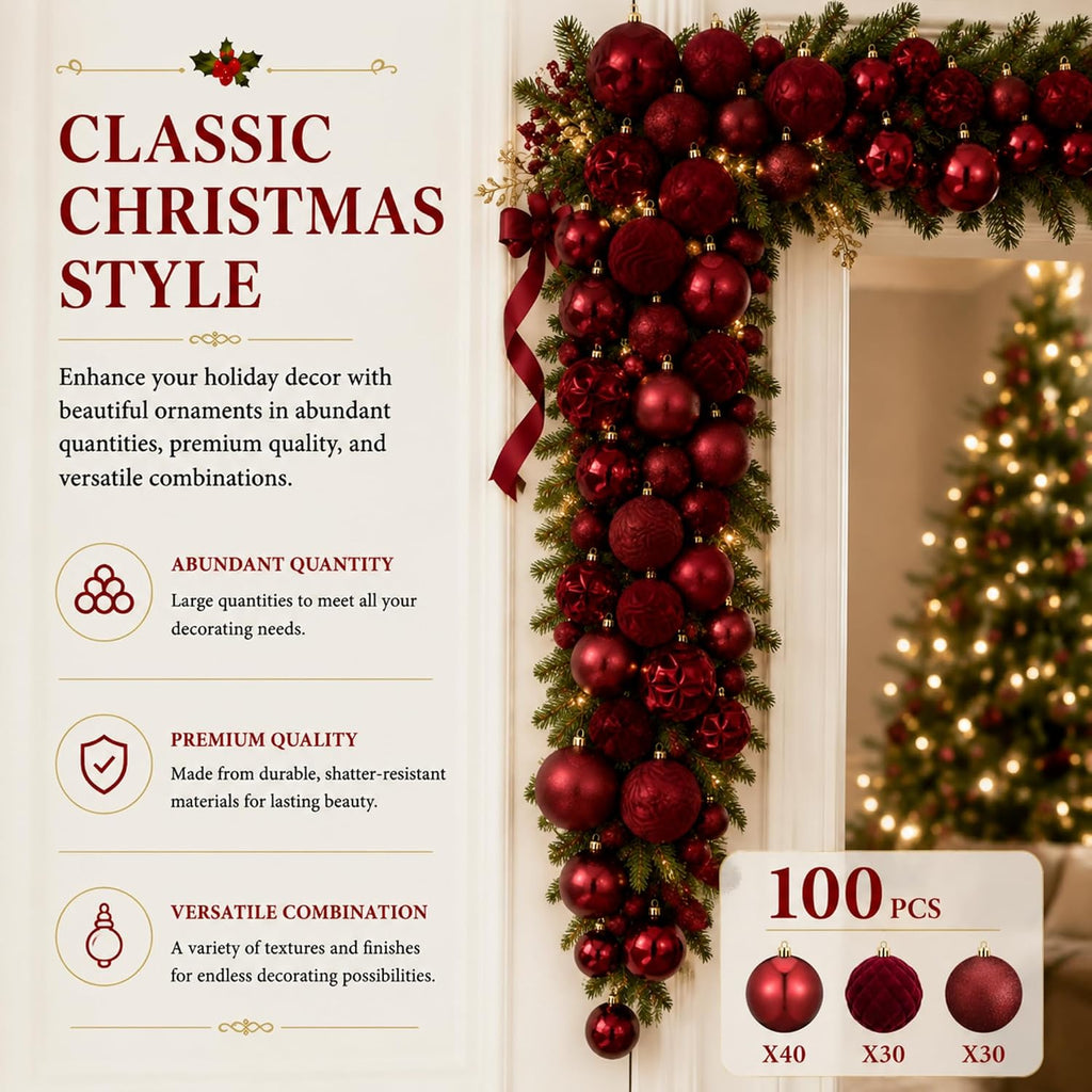56 Pcs Burgundy Velvet Christmas Balls Ornaments Set