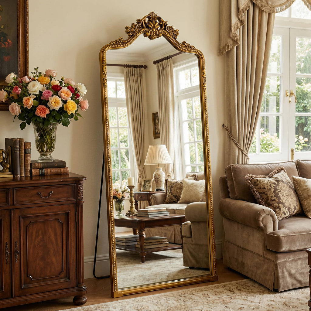 70"x28" Retro Full Length Mirror, Ornate Carved Floor Body Mirror