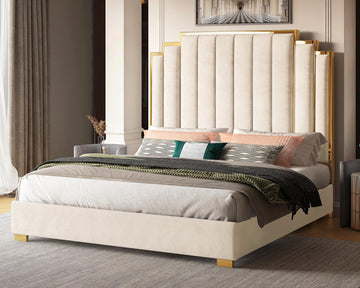 King Size Platform Bed Frame, 61.4" Velvet Upholstered Bed with Gold Trim Headboard/Wooden Slats/No Box Spring